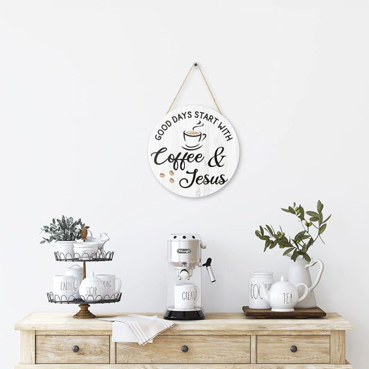 Blulu Coffee Bar Decor: Cafe Accessories Featuring "Good Days Start with Jesus" Sign, 12" x 12" (White)