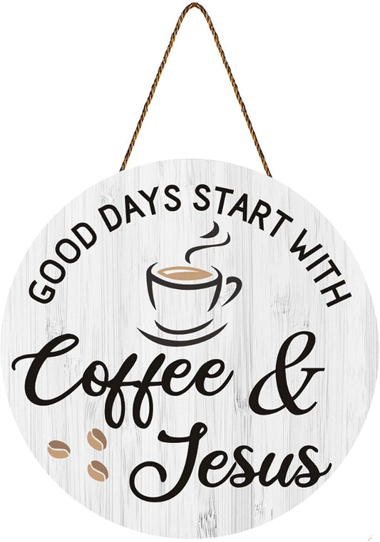 Blulu Coffee Bar Decor: Cafe Accessories Featuring "Good Days Start with Jesus" Sign, 12" x 12" (White)