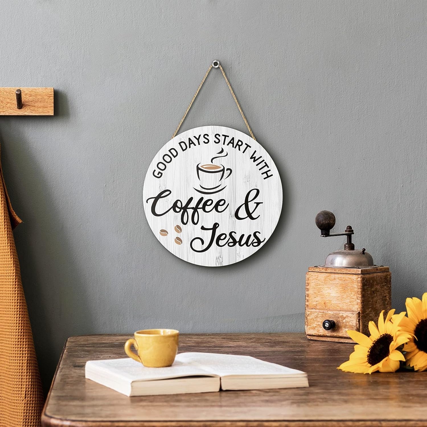 Blulu Coffee Bar Decor: Cafe Accessories Featuring "Good Days Start with Jesus" Sign, 12" x 12" (White)