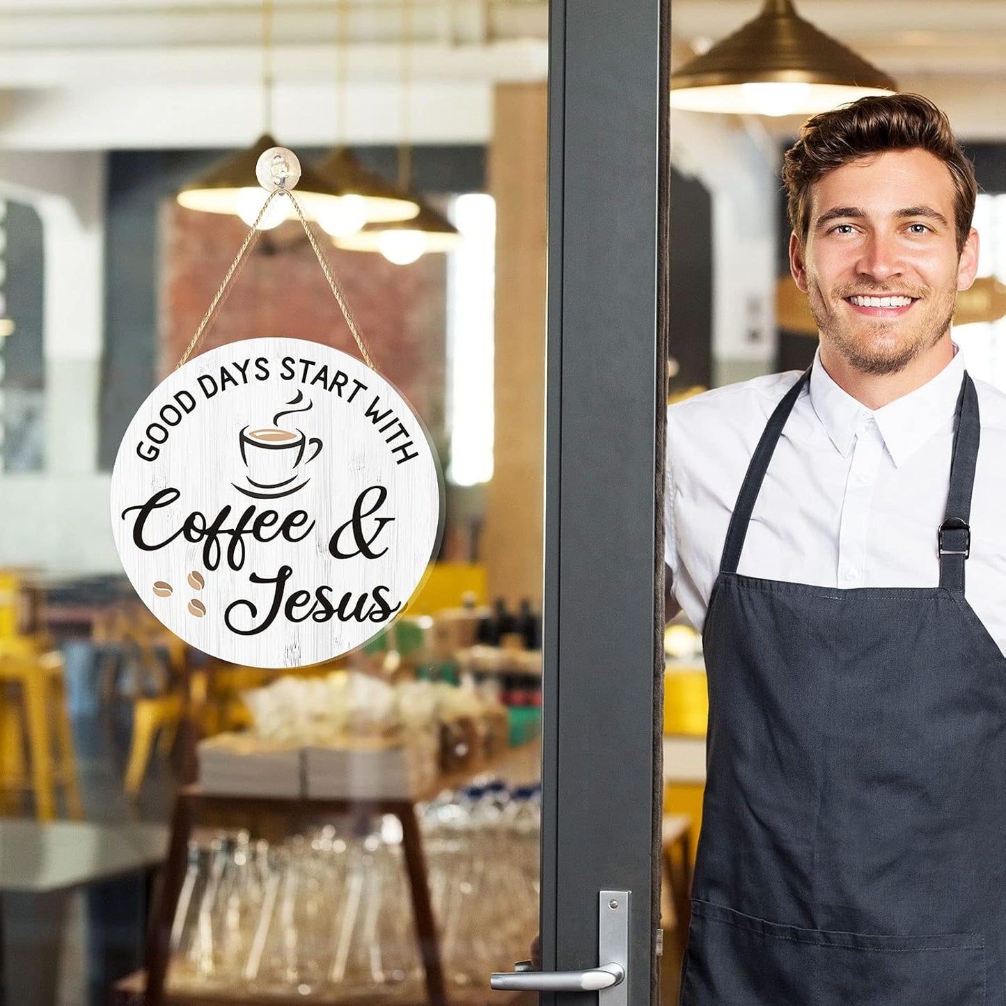Blulu Coffee Bar Decor: Cafe Accessories Featuring "Good Days Start with Jesus" Sign, 12" x 12" (White)