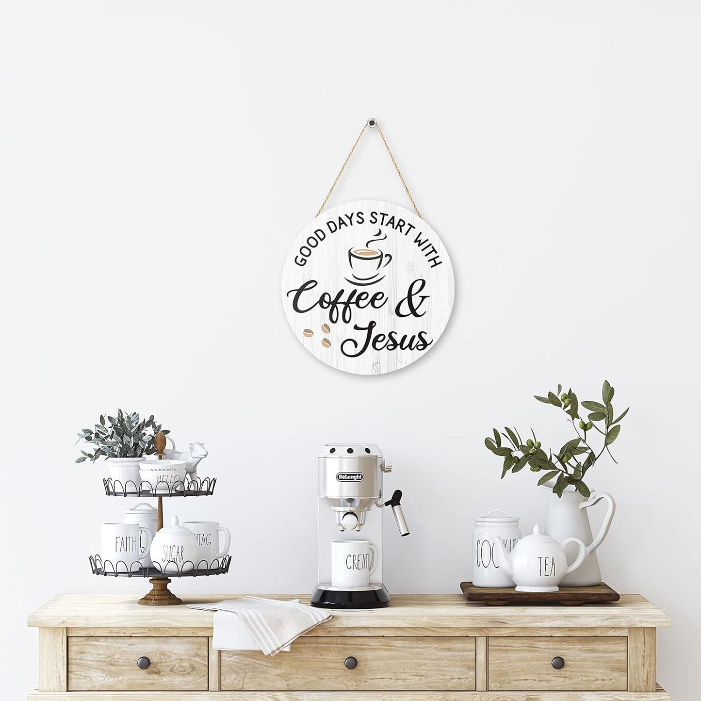 Blulu Coffee Bar Decor: Cafe Accessories Featuring "Good Days Start with Jesus" Sign, 12" x 12" (White)