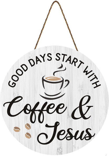 Blulu Coffee Bar Decor: Cafe Accessories Featuring "Good Days Start with Jesus" Sign, 12" x 12" (White)
