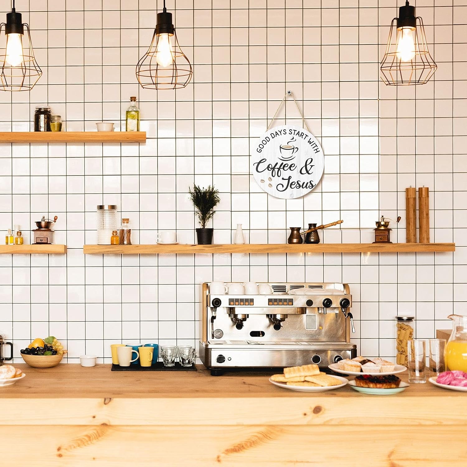 Blulu Coffee Bar Decor: Cafe Accessories Featuring "Good Days Start with Jesus" Sign, 12" x 12" (White)